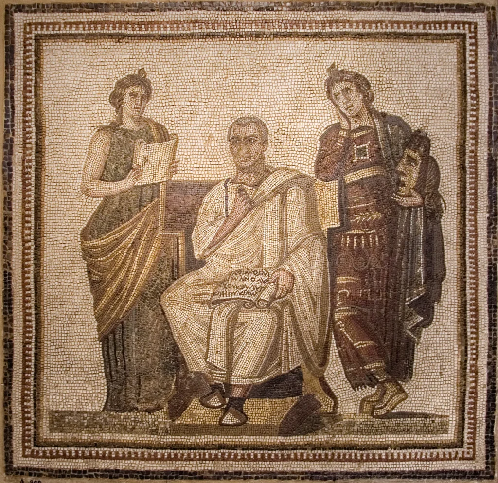Virgile entre deux muses, mosaïque du musée du Bardo
