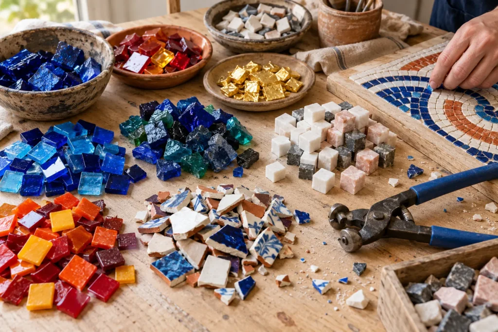 Tesselles de pâte de verre, smalti dorés, cubes de marbre et éclats de faïence sur un établi de mosaïste