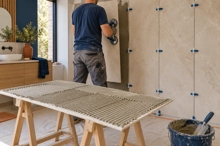 Plaques 60x120 posées à la verticale avec croisillons autonivelants, plaque encollée au dos sur des tréteaux