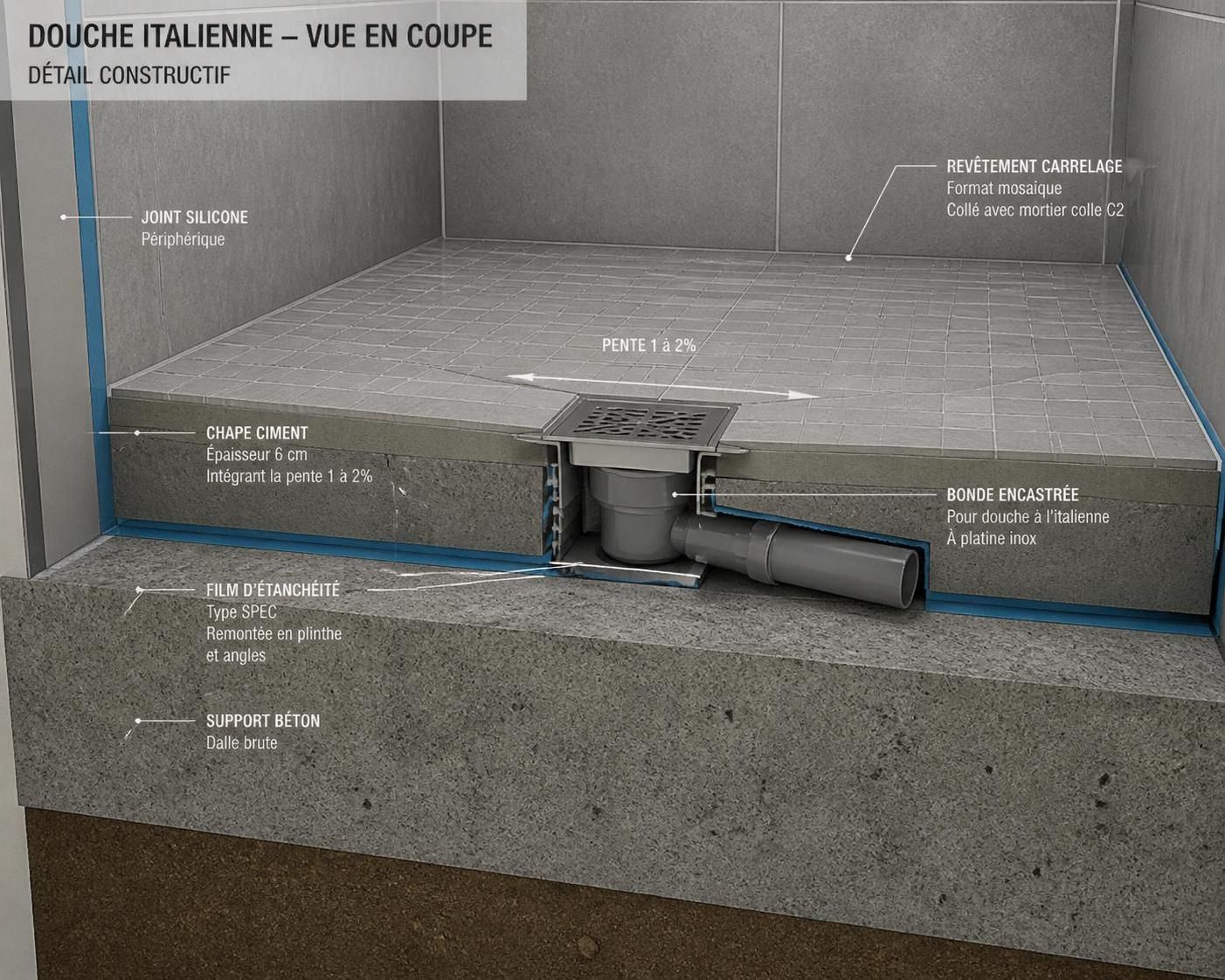 découvrez quelle est l'épaisseur minimale recommandée pour une chape dans une douche à l'italienne afin d'assurer solidité et étanchéité.