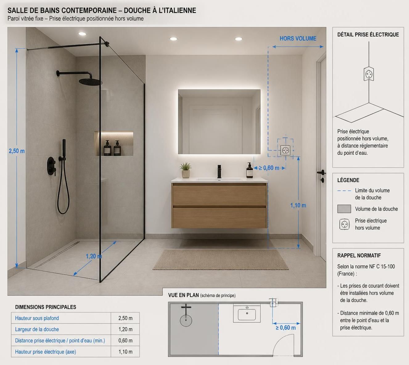 les normes essentielles concernant la distance entre la prise électrique et la douche italienne pour garantir sécurité et conformité lors de l'installation.