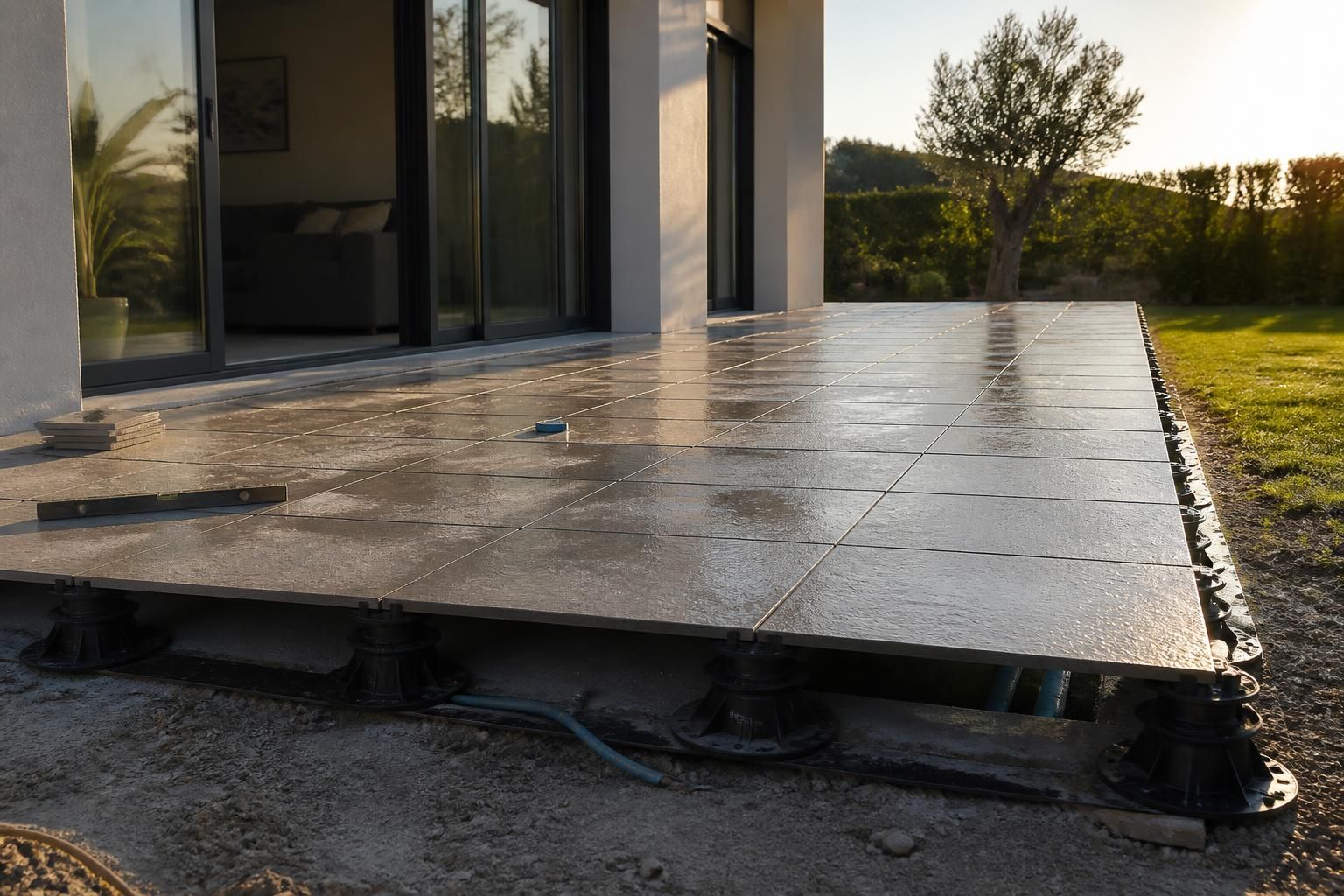 découvrez comment réaliser correctement la pente d'une terrasse en carrelage sur plots pour assurer un bon drainage et éviter les infiltrations d'eau.