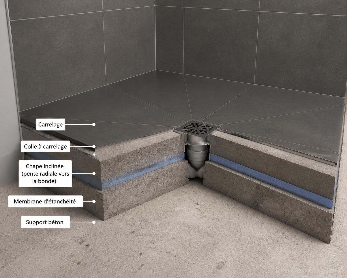 les recommandations du dtu concernant la pente minimum d'une douche italienne pour assurer un bon drainage et éviter les problèmes d'humidité.