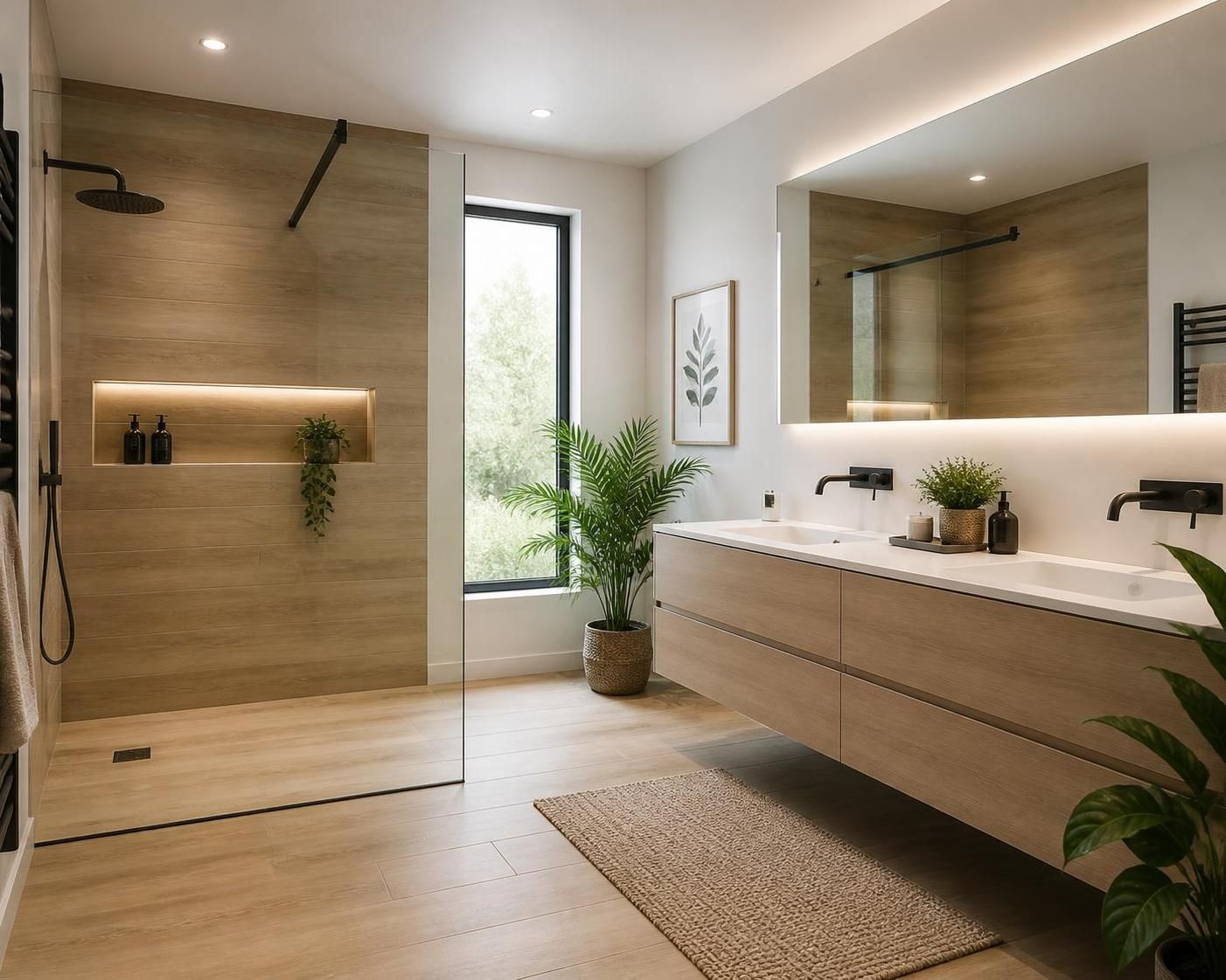 nos idées pour aménager une douche italienne avec un carrelage effet bois, alliant élégance naturelle et design moderne pour une salle de bain chaleureuse.