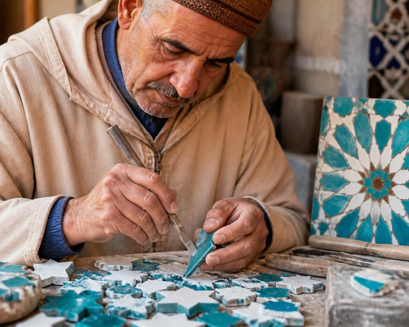 découvrez l'origine, l'histoire et le savoir-faire traditionnel du zellige, cet art marocain unique de la mosaïque aux carreaux de terre cuite colorée.